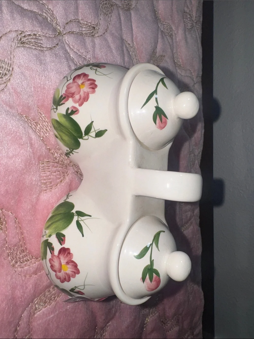 White Floral Ceramic Double Condiment sugar bowl with Lids